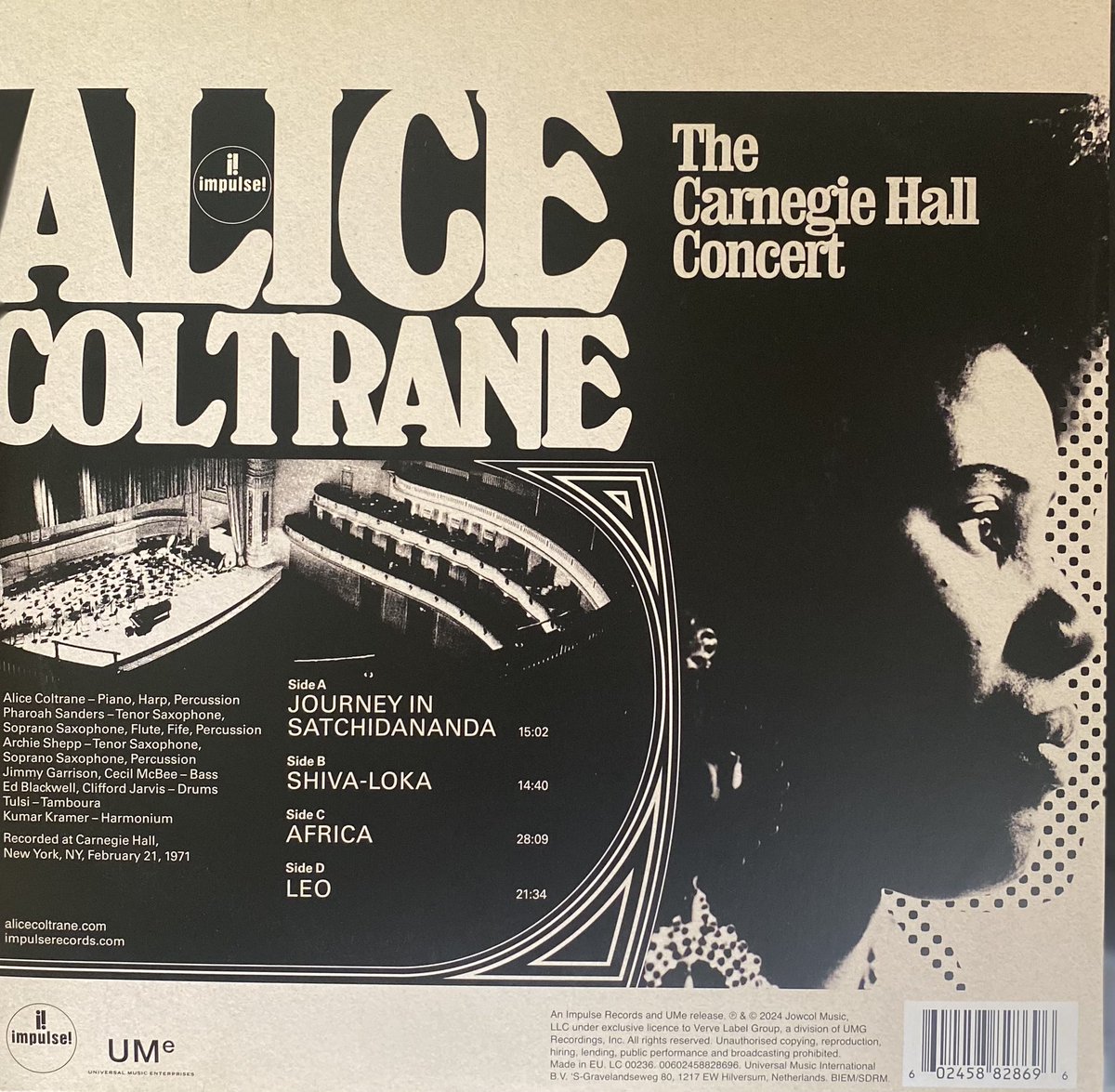 Alice Coltrane is a most fascinating jazz musician; a jazz harpist, pianist & vocalist. She became known for “spiritual” jazz, based on her devotion to Hinduism. This album is a 2024 re-issue of a live performance at Carnegie Hall in 1971. She was wife to John Coltrane