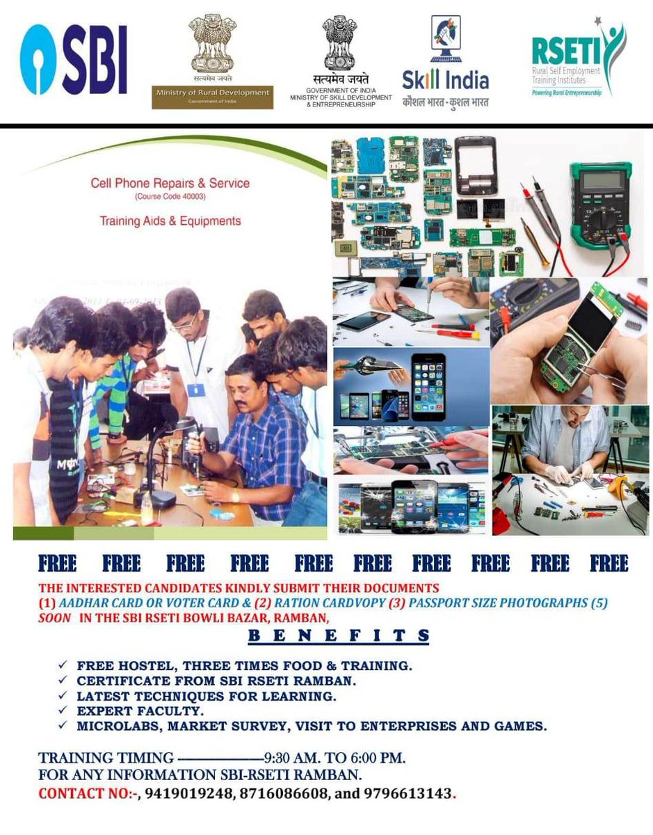 📱 Exciting news! SBI RSETI RAMBAN is gearing up to organize a Mobile Repairing Training Program in Ukhral Block, District Ramban. Whether you're a tech enthusiast or looking to enhance your skills, this is the perfect opportunity!👇 @dcramban @BdoUkhral @GdcUkhral @TehsilPogal