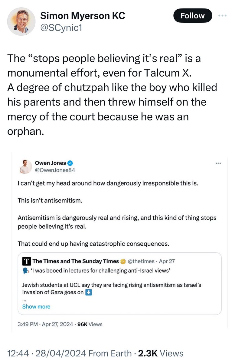 Simon Myerson KC (@SCynic1) seriously needs to log-off. He’s a total embarrassment to the judiciary and the bar. In Sep last year he told a Tribunal under oath he did not abuse or bully people on here. Yesterday he called Owen Jones (@OwenJones84) ‘Talcum X’.