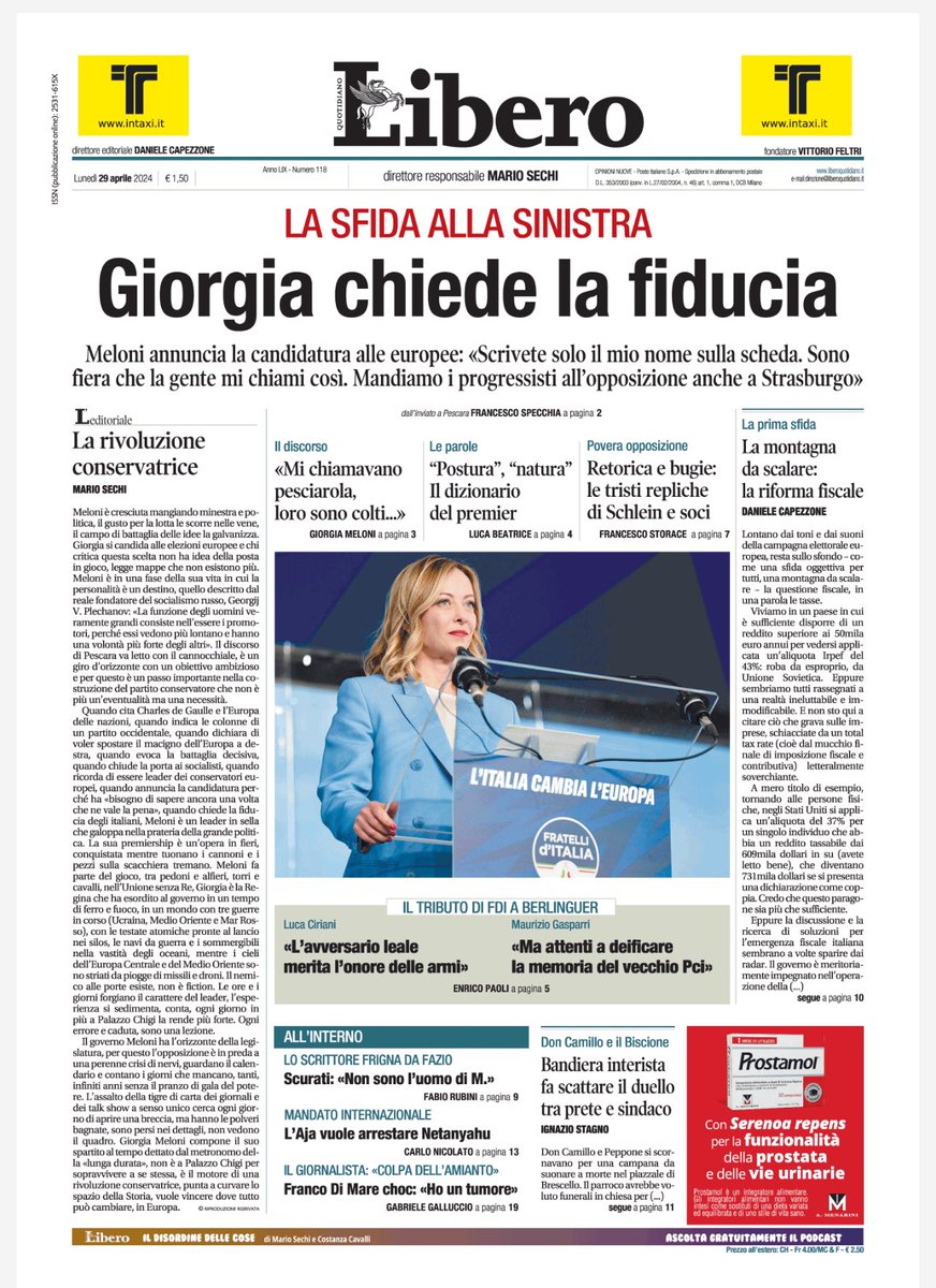 ✅la #primapagina di #Libero oggi in #edicola ✅e la #Schlein attacca la #Meloni… Ma il coro rosso è stonato