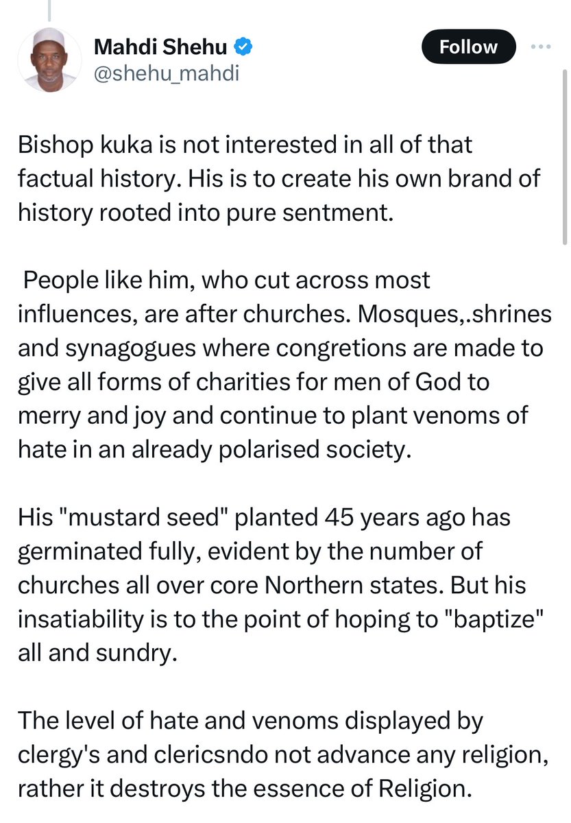 I love how Arewa are clearly telling us that they are conservative and won’t let Churches in Bayero university or other other place in their areas till sunrise

I sha dont want to hear them any talk of liberalism with representation in Plateau, Benue, Nasarawa, Taraba, or Adamawa