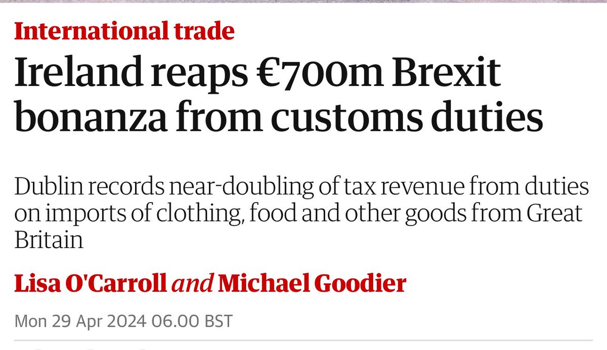 More Brexit benefits for Ireland! Ireland has landed a €700m (£600m) Brexit bonanza with a steep increase in tax revenues flowing from customs duties now applicable to imports of clothing, food and other goods from Great Britain. “The level of customs duties has effectively