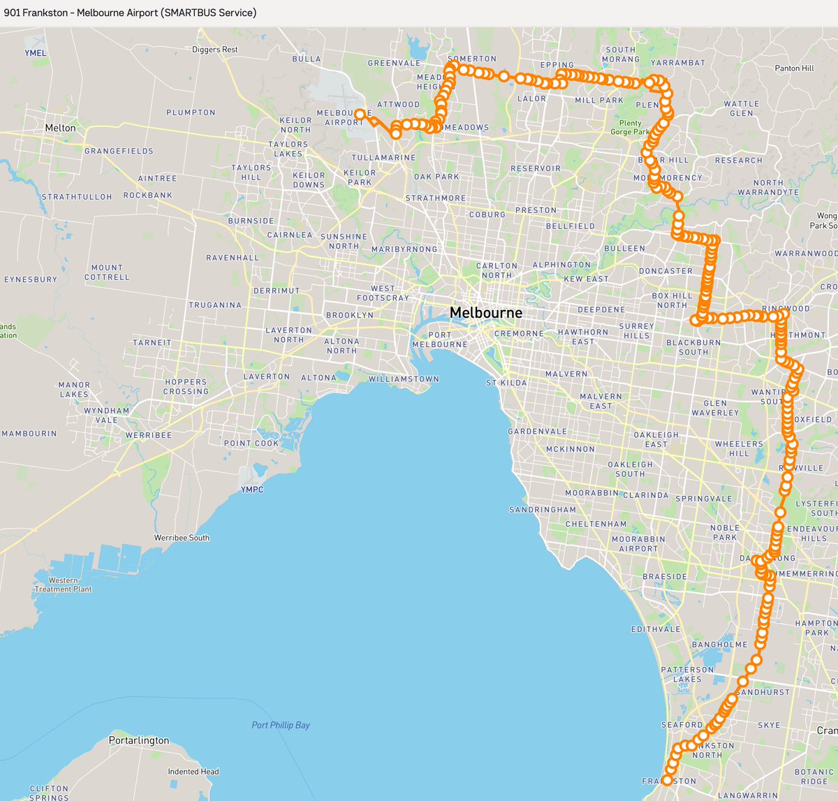 On ABC774 this morning, @JohnPesutto told @Raf_Epstein there's a bus that takes a similar route to the SRL, and low patronage suggests lack of demand for the SRL. The 901 bus departs Frankston 8.05am and takes 4 hours 11 mins to get to Melb Airport. I will never get this bus.