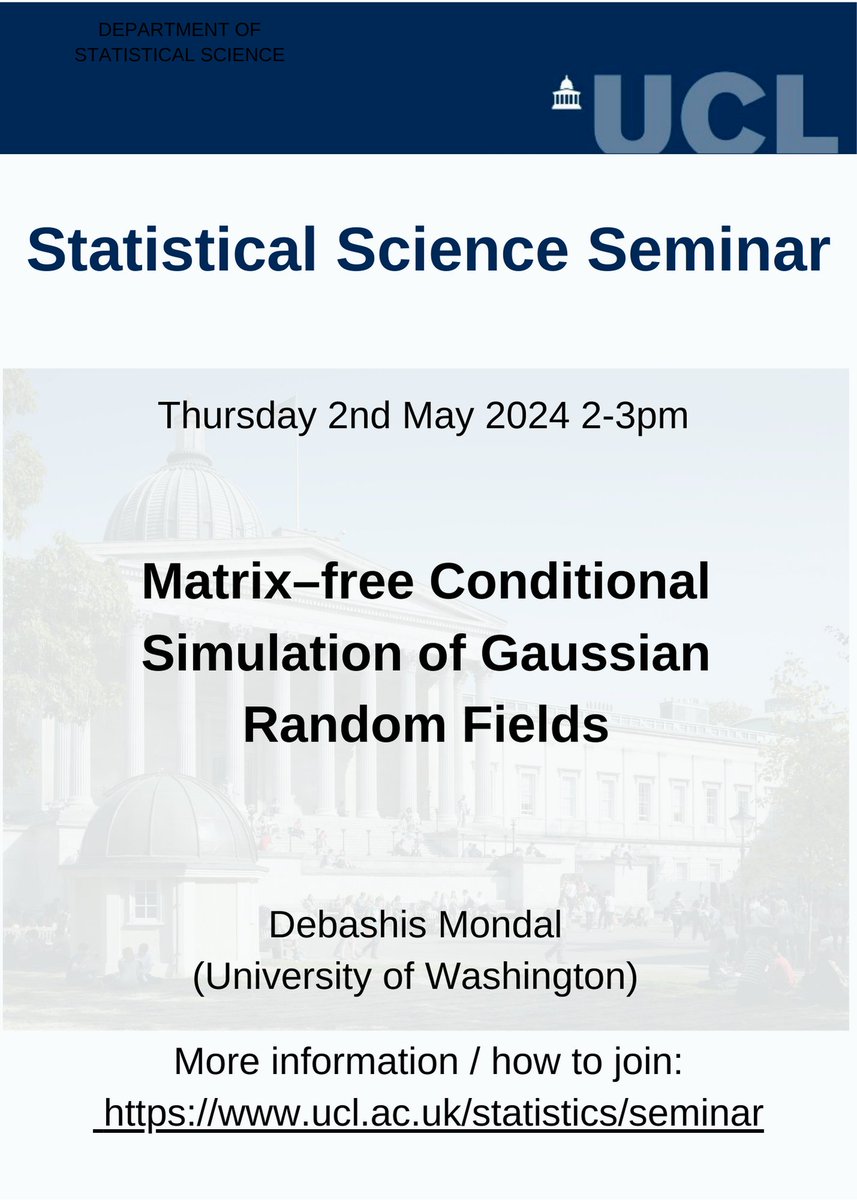 This week’s departmental seminar will be given by Debashis Mondal (University of Washington). Time and date: Thursday 2nd May 2-3pm ONLINE ONLY Link to join online: contact ( stats-seminars-join@ucl.ac.uk )