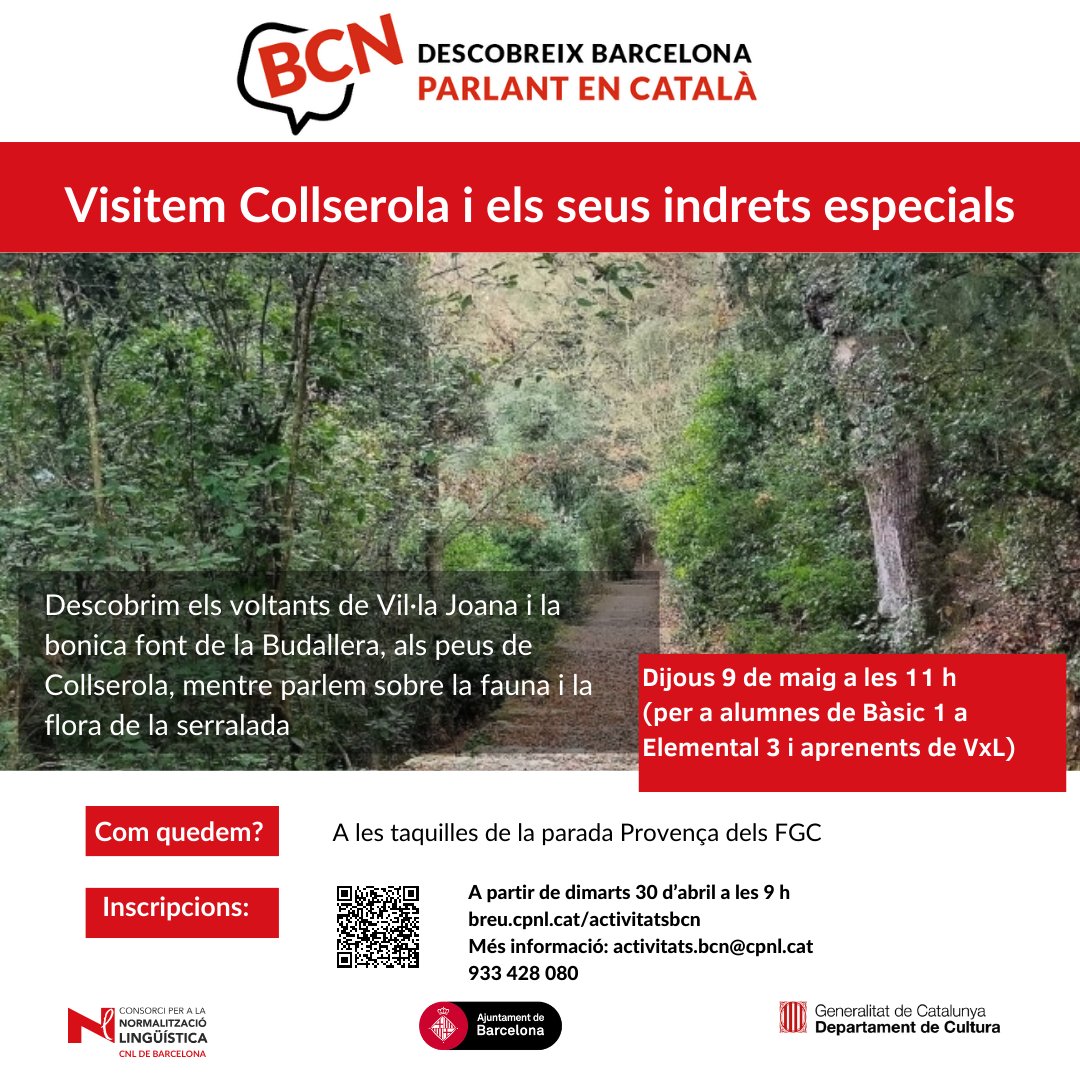 👬#ActivitatsCatalà

➡️ Fem teatre en català!
➡️ Visita guiada al Parlament de Catalunya
➡️ Passejada ornitològica al parc del Laberint
➡️ Visitem Collserola i els seus indrets especials

📃 Inscripció a partir de dimarts 30 d'abril a les 9 h: breu.cpnl.cat/activitatsbcn