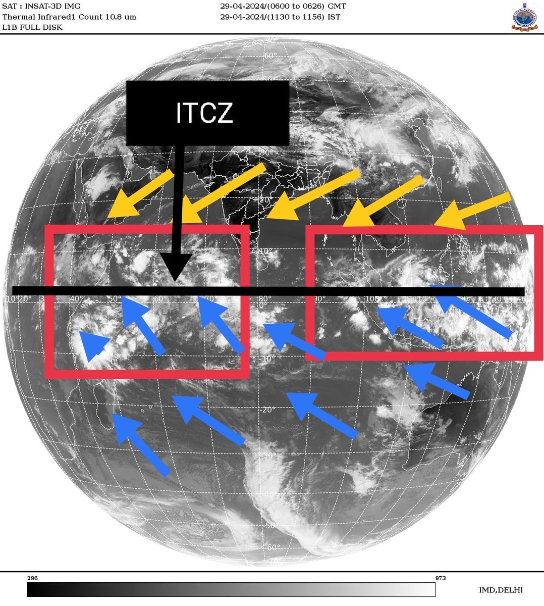 The Intertropical Convergence Zone (ITCZ) is progressively moving northwards and is currently situated just around the equator, triggering a lot of rain over the western equatorial Indian Ocean. We hope to see its further movement by the end of May. #monsoon2024
Image : IMD