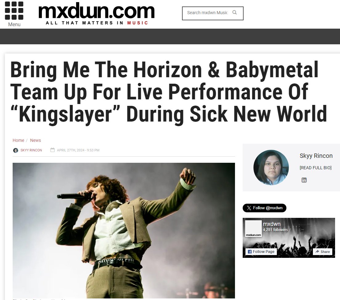 mametal3's tweet photo. アメリカの音楽メディアmxdwn MusicにSick New WorldでのBMTHとBABYMETALがKingslayerで共演した記事
現地に取材に行ってたみたい
公式インスタにSNWでのKingslayer共演時の動画を載せてる
訳はテキトー
#BABYMETAL #BMTH #Kinslayer #SickNewWorld2024
https://t.co/ofGc9GD2Xu https://t.co/cznWzgAmq7