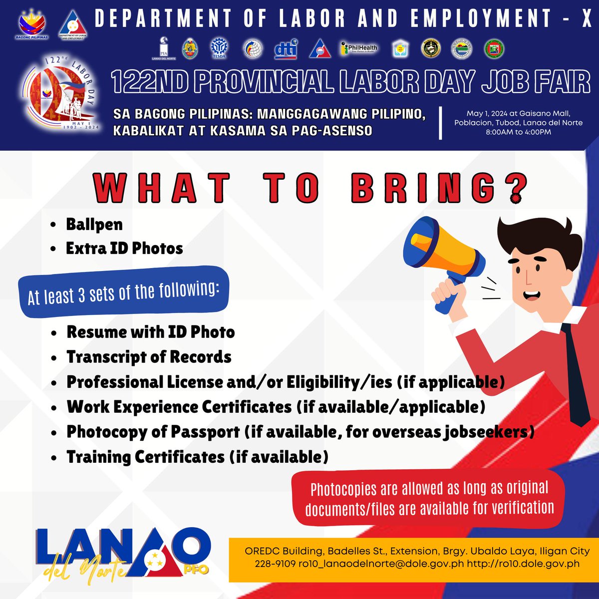 📷 Explore 3000+ job opportunities at the 2024 Provincial Labor Day Job Fair! 📷 Join us on May 1, 2024 at Gaisano Mall Tubod, Lanao del Norte, and discover local and overseas career paths. Don't miss out! Check the attached photos for vacancy details.
#JobFair #LanaoDelNorte…