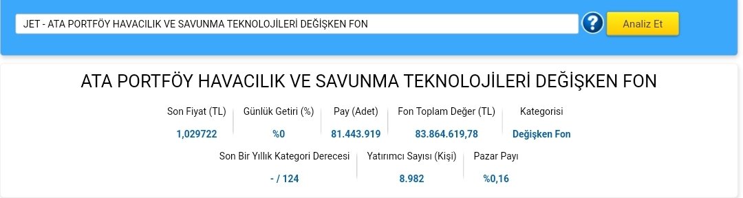 Çoğu yatırımcı bu fonu bekliyormuş meğerse :)
İlk günden 8982 yatırımcı sayısına ulaştı. 
Kişi başı ortalama yaklaşık 10.000 TL lik alım yapılmış 
#JET