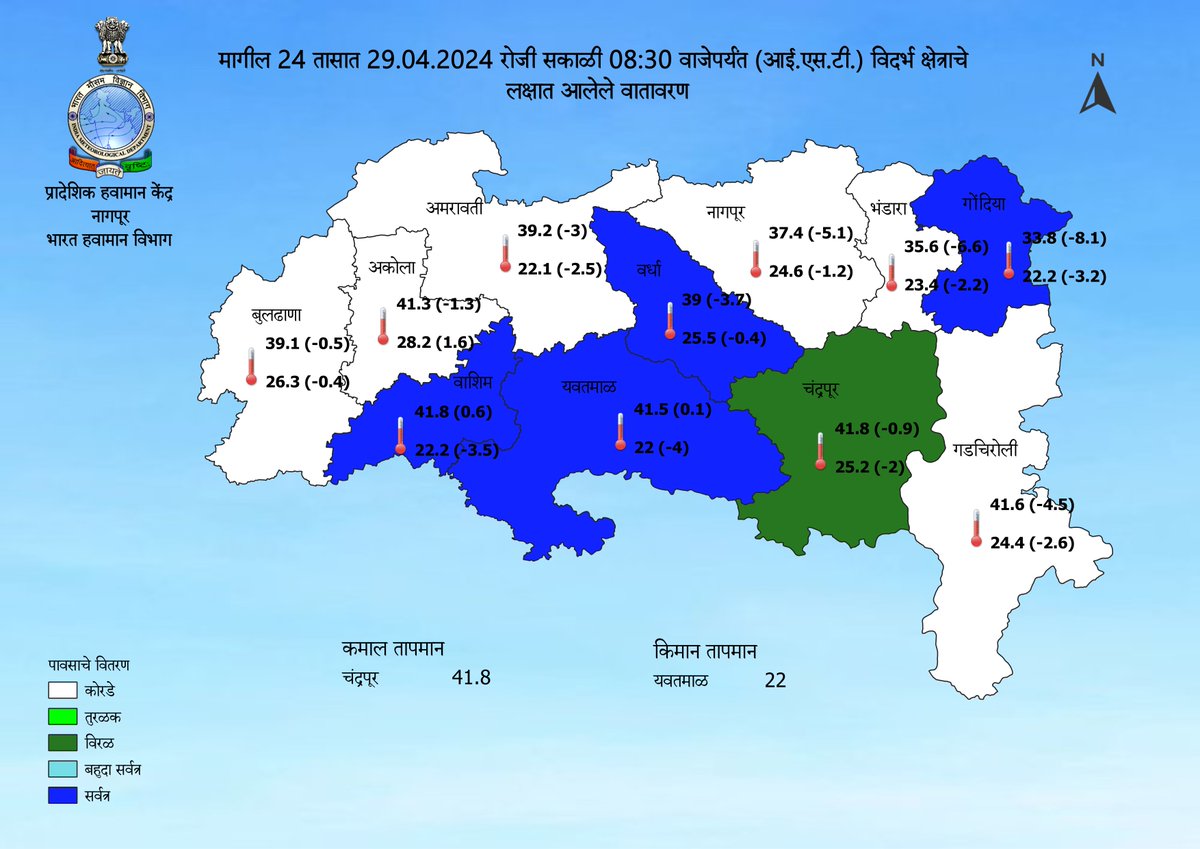 Past 24 hrs (29.04.2024 upto 08:30 hrs IST) Realised Weather of Vidarbha Region
#WeatherReport #imdnagpur #IMD
@ChandrapurZilla @collectorchanda @KrishiCicr @InfoWashim @Indiametdept @ngpnmc @LokmatTimes_ngp @collectbhandara @CollectorNagpur @CollectorYavatm