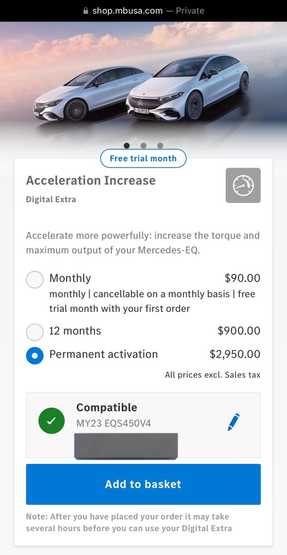 Tesla: FSD subscription for $99 a month 

Mercedes: Acceleration boost subscription for $90 a month