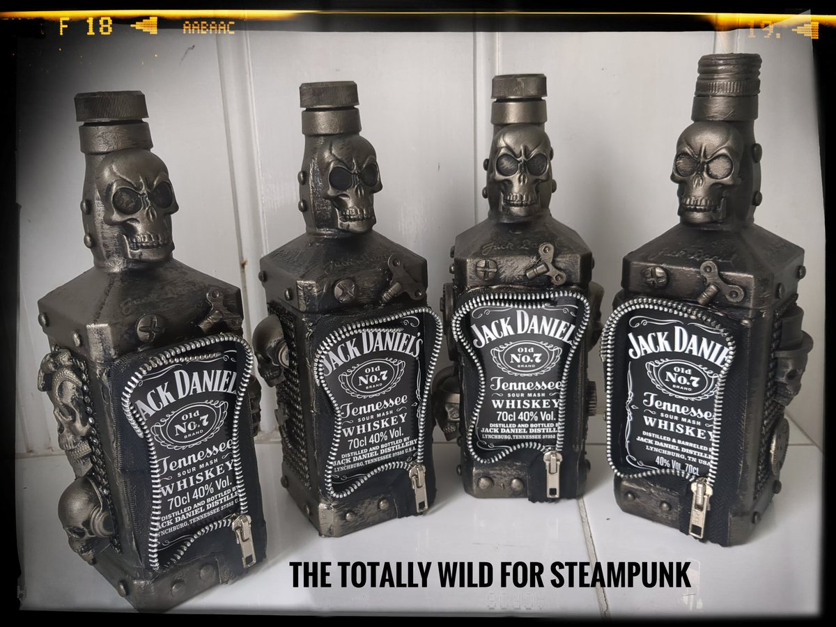 Jack Daniels bottles  Designed by myself The Totally wild for steampunk you can follow me on Facebook or TikTok. I design different Themed bottles. All my bottles are empty 
#jackdaniels #Steampunk #skulls #alternativeart #Artist #Steampunkgift