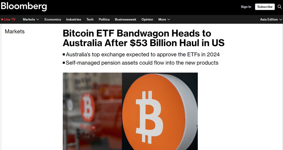 ASX The largest Australian stock exchange could allow Bitcoin ETFs by the end of 2024. ASX manages 80% of local trades with a March market cap of $2.7 trillion. - Bloomberg