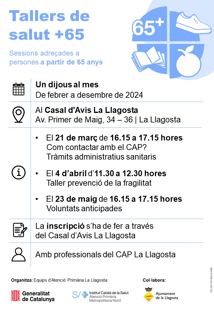 📚 𝗘𝘀𝗰𝗼𝗹𝗮 𝗱𝗲 𝘀𝗮𝗹𝘂𝘁 𝗱𝗲 𝗟𝗮 𝗟𝗹𝗮𝗴𝗼𝘀𝘁𝗮 📚 Sessions de primavera Per a més grans de 65 anys, organitzada pel #CAPLaLlagosta i @AjlaLlagosta 🗓️ 23 de maig  👉 Document de Voluntats Anticipades 🕕 16:15 a 17:15h 📍 Casal d'avis #LaLlagosta 🟢Cal inscriure-s'hi