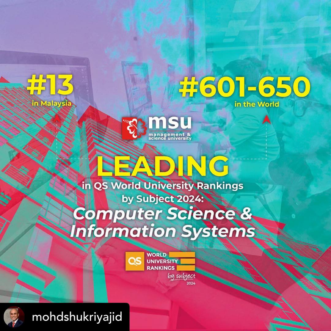 Well done #MSUrians! I'm delighted to announce the inclusion of our disciplines 'Computer Science & Info Systems'and 'Social Sciences & Management' in top #501 and #601 worldwide ranking, and Top 15 in Malaysia,of QS World University Rankings by Subject 2024 #MSUmalaysia @topunis