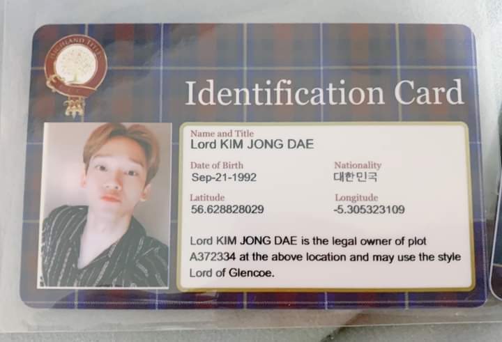 From time to time I'd like to share some info that some ppl may not know abt Jd, especially baby SOON & Ls. In 2018 Jongdae's fansite bought a plot of land in Scotland under his name. In that time the documents have been successfully delivered to jd. 'LORD KIM JONGDAE'✨ #CHEN