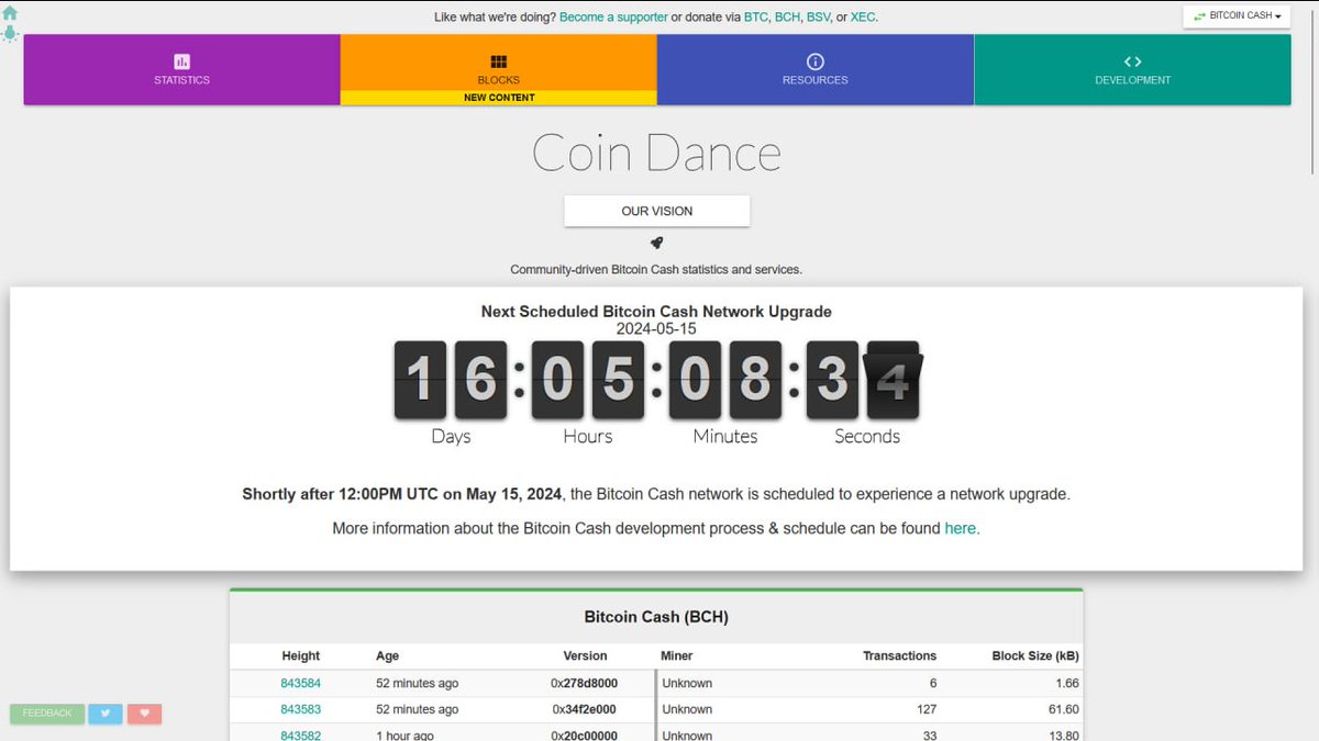 Watch the countdown to the #BitcoinCash ABLA upgrade live on cash.coin.dance! The Adaptive Blocksize Limit Algroithm (ABLA) means the need for everyone to agree when & by how much to raise the blocksize limit is finally solved 💯 Finally the blocksize issue is resolved