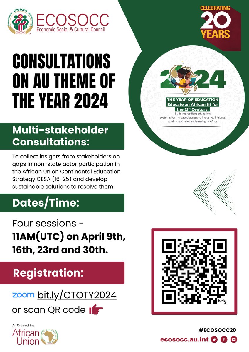 Join us tomorrow for the final session of our Consultations on the @_AfricanUnion #YearOfEducation! 📚 🕚 11 AM UTC 🔗 bit.ly/CTOTY2024 Agenda: Review group presentations & refine key recommendations for the initial draft policy document submission to the AU. #Education