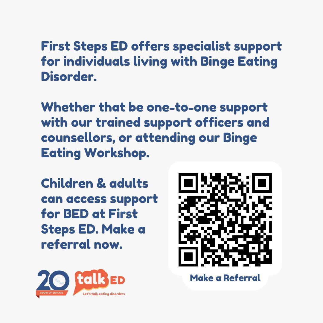 It's a tragic fact that only 1 in 4 people with #BingeEatingDisorder seek treatment. 

First Steps ED offers many support options specifically tailored for binge eating and emotional eating where we explore your relationship with food.
Make a referral buff.ly/3p7Wx7T