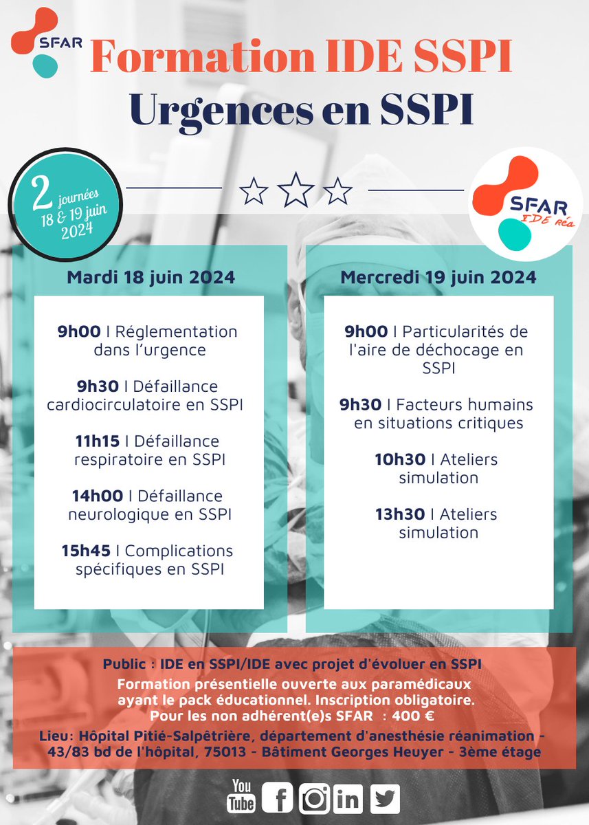 🚨Les 18 & 19 juin, venez assister à la formation IDE SSPI 'Urgence en SSPI' ✍ Inscrivez-vous vite ➡️ sfar.org/evenement/urge… ✅ GRATUIT pour les adhérents @contactfnir @SNIA75 @IADE_de_France @cnear_fr @AJARFrance @SNJeunesAR @SNPHARE @SyndicatSnarf @ISNItwit @SFARJeunes