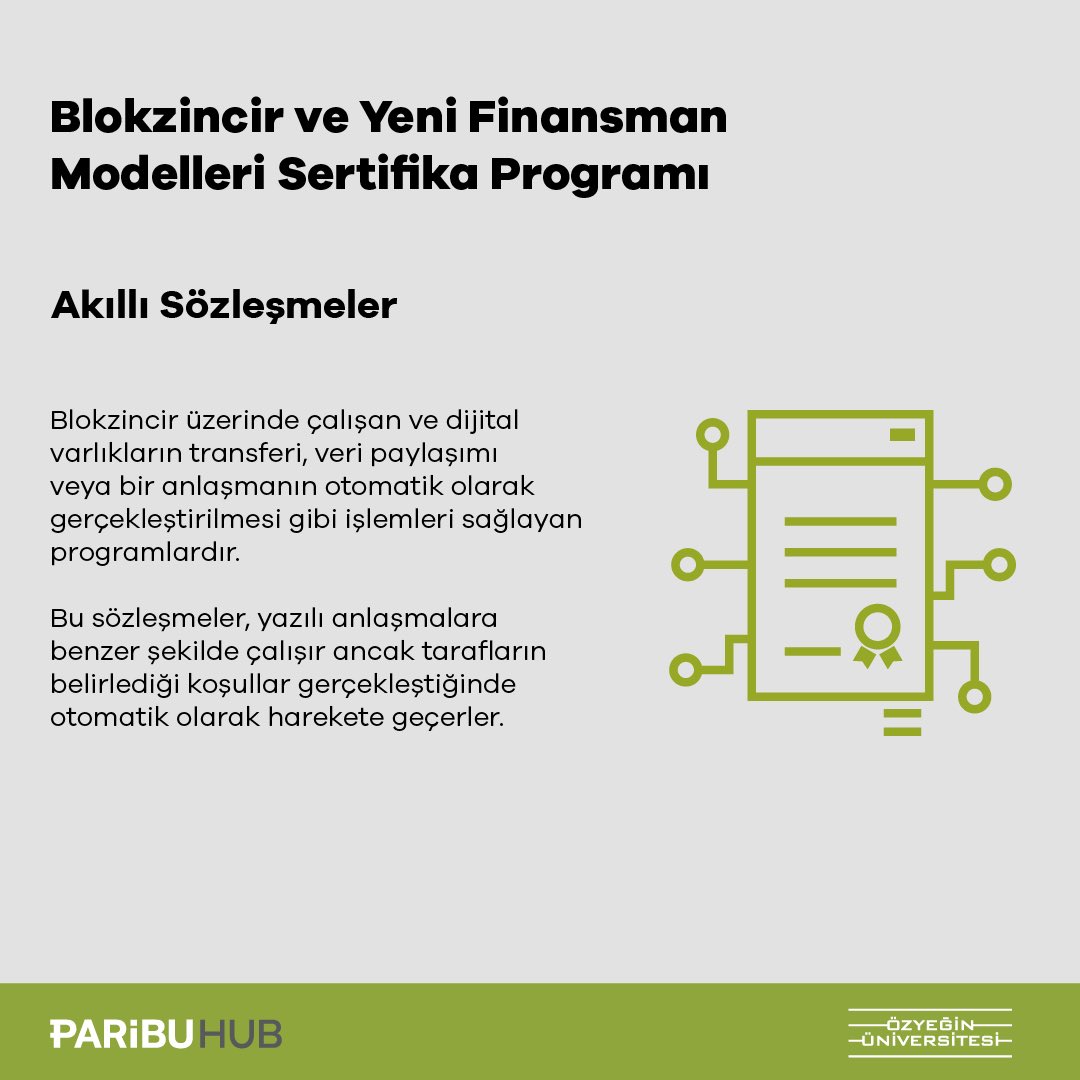 Akıllı sözleşmeler ve daha fazlası Blokzincir ve Yeni Finansman Modelleri Sertifika Programı’nda. Program hakkında detaylı bilgi ve başvuru formu için: sea.ozyegin.edu.tr/tr/blokzincir-…