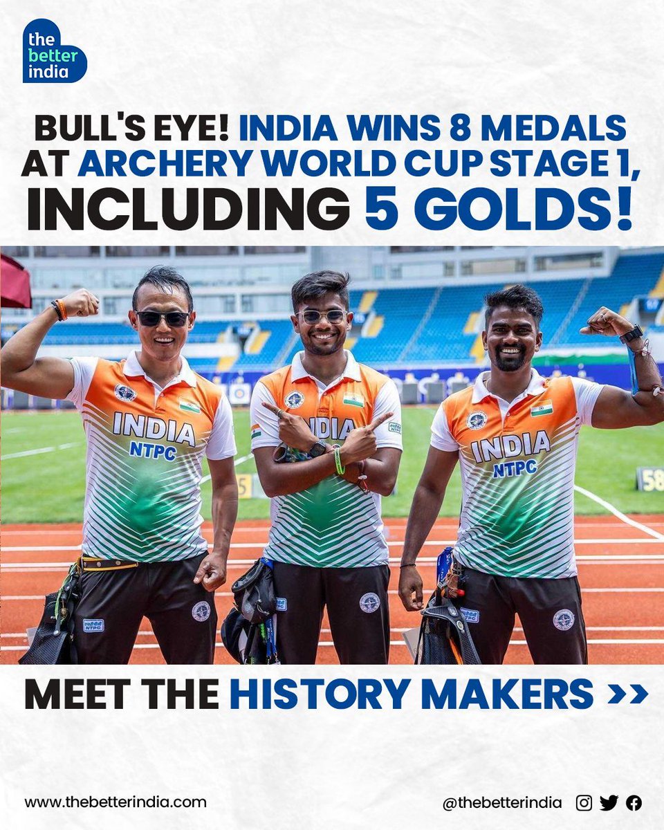 5 Golds, 2 Silvers, and 1 Bronze! 

#ArcheryWorldCup #IndiaArcher #HistoricWin #TeamIndia #Archery #Gold 

[Archery World Cup, Indian Archery Team, Stage 1, Team India]