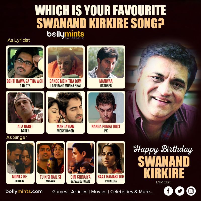 Wishing A Very Happy Birthday To Lyricist #SwanandKirkire Ji !
#HBDSwanandKirkire #HappyBirthdaySwanandKirkire #SwanandKirkireSongs
Which Is Your #Favourite Swanand Kirkire #Song?