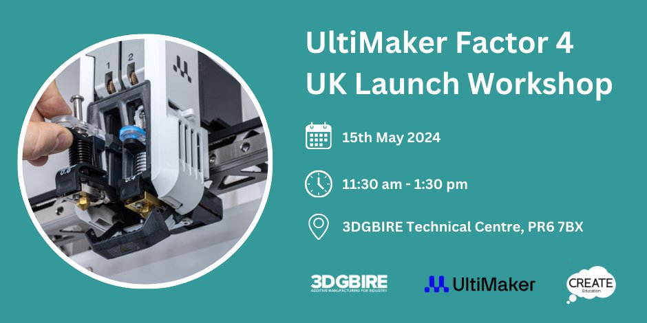 📢Join us and @3DGBIRE to get hands on with @UltiMaker's NEW Factor 4 #3dprinter! 📅 15th May 2024 ⏰11:30am - 1:30pm ️📍3DGBIRE, Chorely, PR6 7BX ✅We'll be running a live demo and looking at applications. 👉Sign up & reserve your FREE place: ow.ly/eNOg50RmZw6