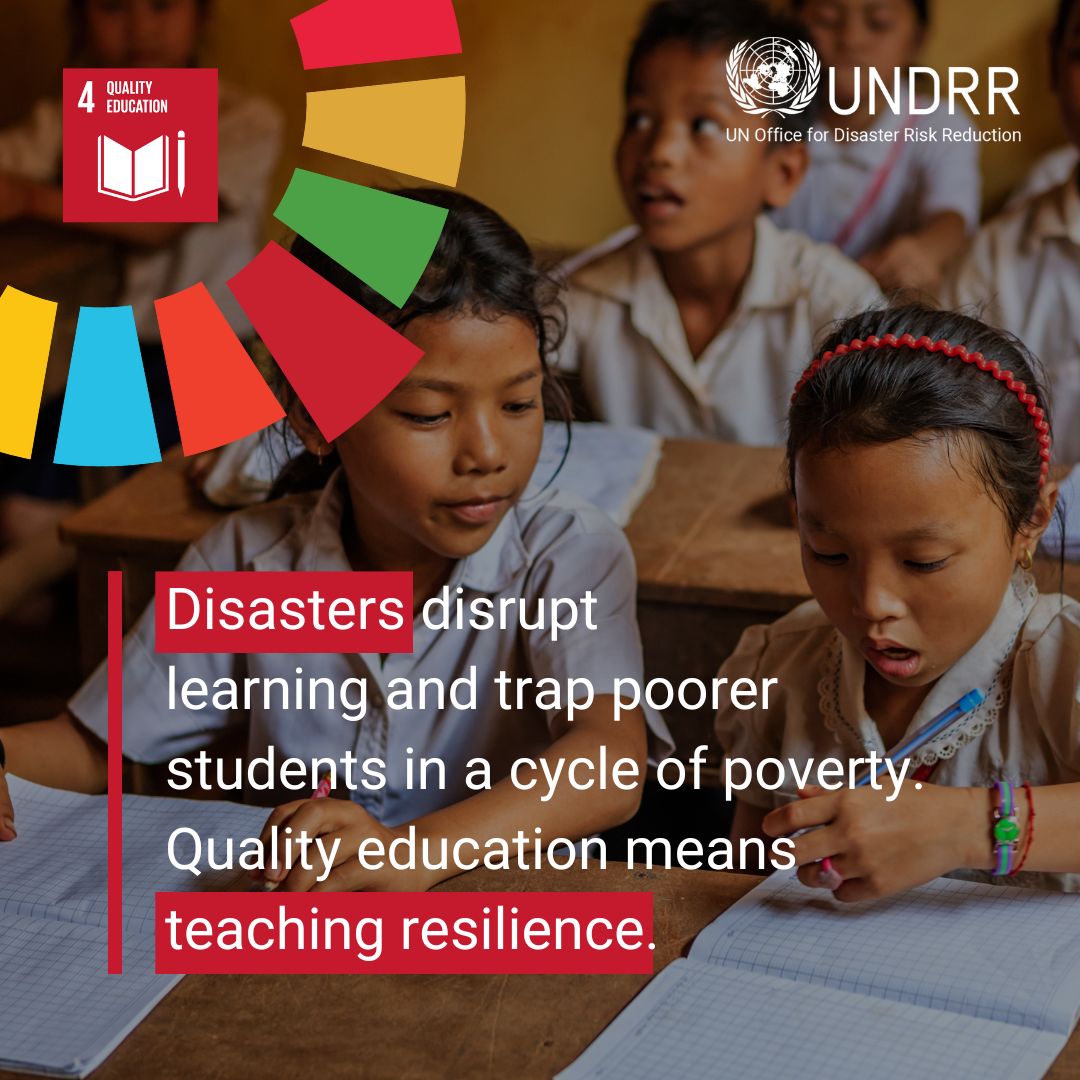 SDG 4 calls for quality education - this means reducing risks so that disasters don't disrupt schooling, and educating children on #DRR for #OurResilientFuture. #DRRday 2024 is all about empowering the next generation for a resilient future. ▶️ ow.ly/P6MV50Rpajc