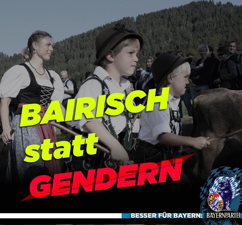 Bayern verbietet das Gendern an Schulen, Hochschulen und Behörden.
Mit gleichem Nachdruck muss nun unternommen werden unsere Heimatsprachen zu erhalten und auszubauen.
#Bairisch, #Fränkisch und #Schwäbisch sind der Kern unserer kulturellen DNA in Bayern!
🔷🔷🔷🔷🔷🔷🔷🔷🔷🔷🔷🔷