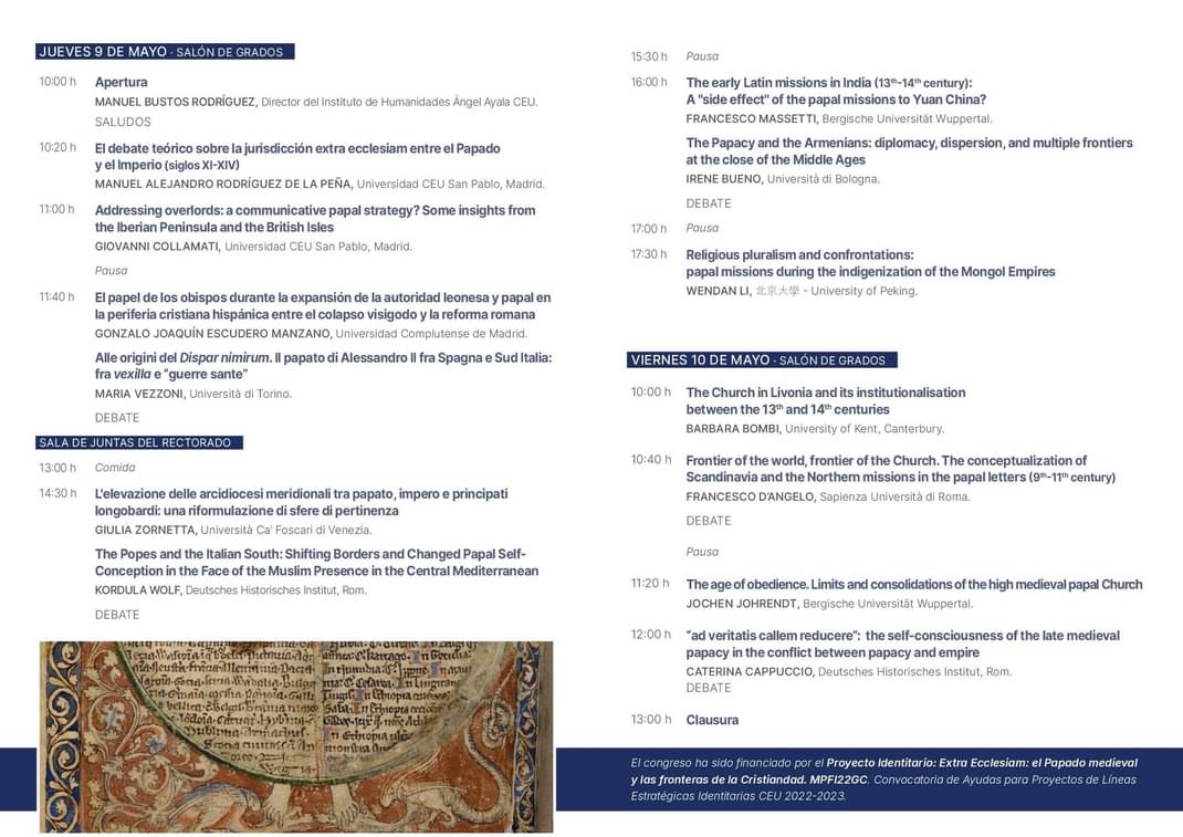 Torremarte1's tweet photo. El proyecto de investigación 'Extra Ecclesiam' sobre las fronteras de la Cristiandad medieval que codirigimos @GCollamati y yo llega a término con este Congreso Internacional que celebraremos en la @USPCEU los días 9 y 10 de mayo. Entrada libre 👇 https://t.co/sVHk3fjfo3