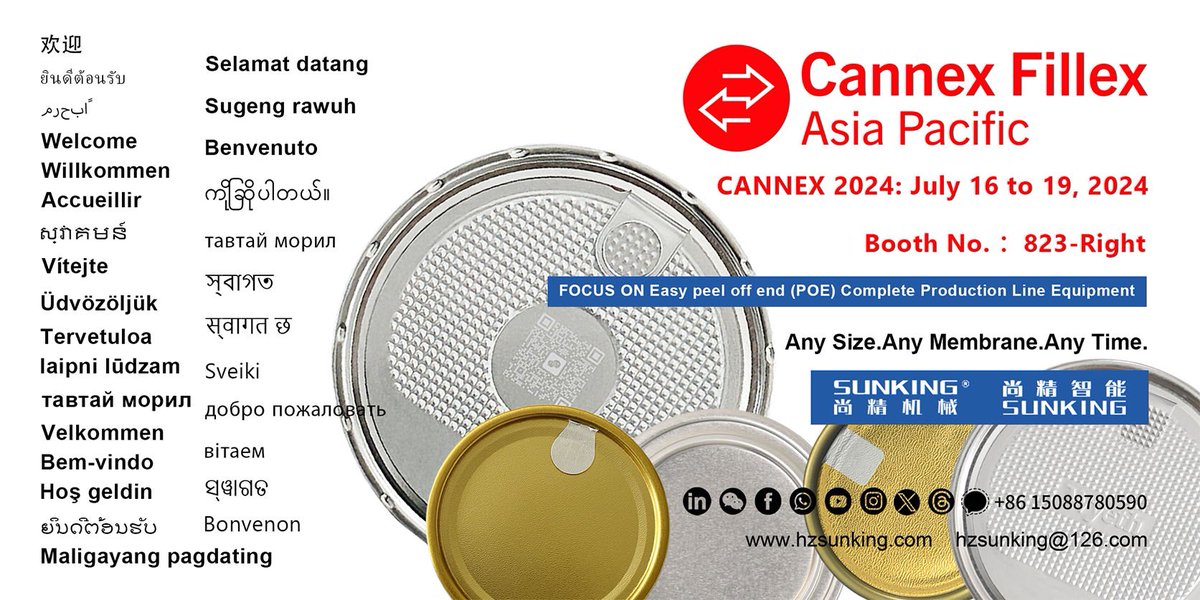 #Cannex 2024.Welcome.
#peeloffend #POE #ComboEOE #PENNYLEVER #RFT #RLT #RCD #PAL #Doubletightring #production #line #supplier #sunking #EOE #PackagingIndustry #easyopen #easyopencan #easyopenend #MetalPackaging #foodmanufacturing #metpack #canmakers #canmaking