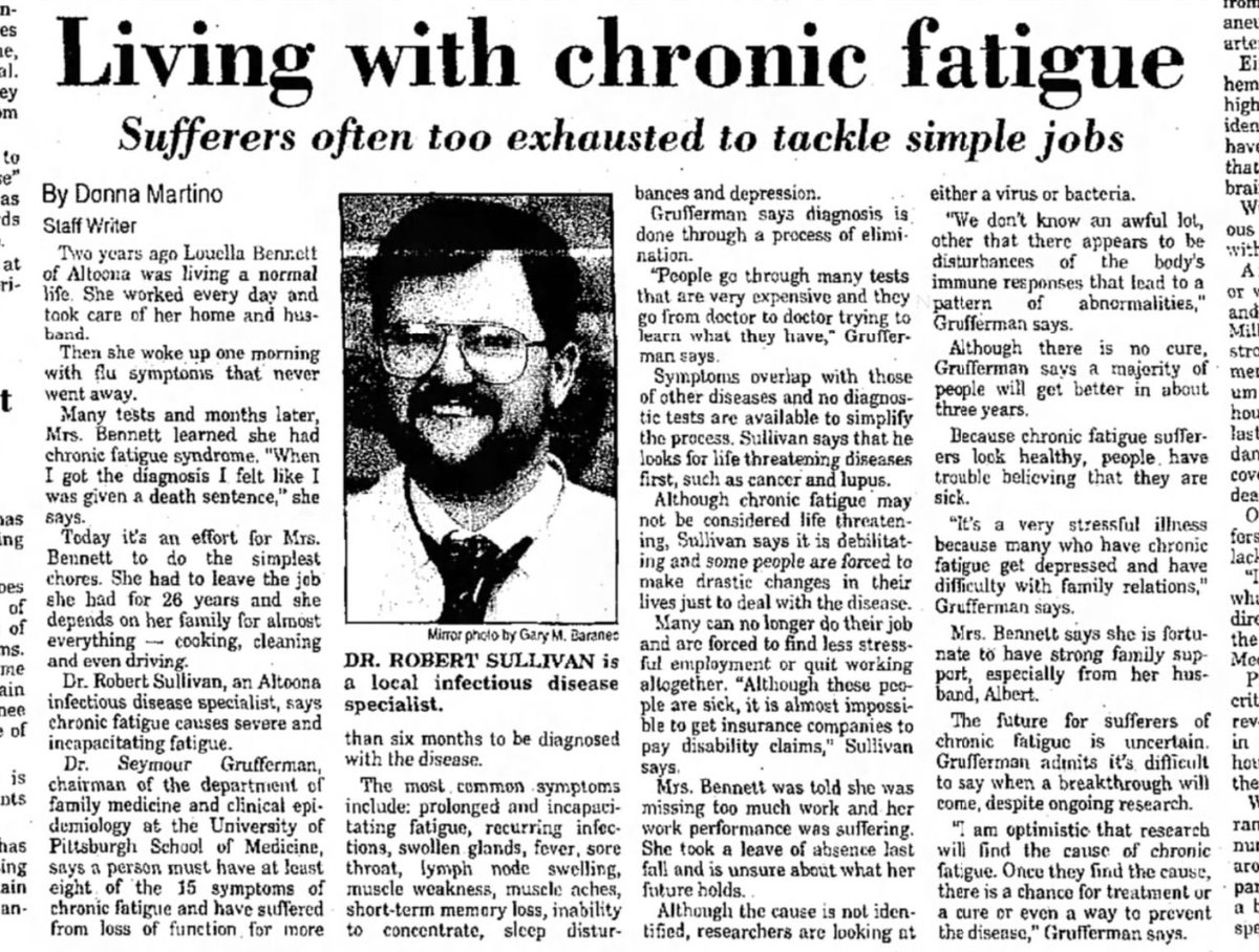 Thirty years ago today. Altoona Mirror, Pennsylvania, US. 29th April 1994. #mecfs #cfsme #myalgicencephalomyelitis #myalgice #chronicfatiguesyndrome #cfs