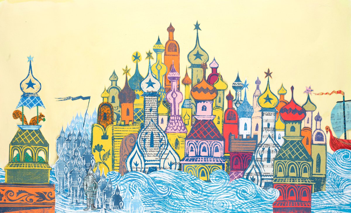 #BookIllustrationOfTheDay is Lollipop City from 'The Flight of the Bumblebee' story in #OnceUponATune (2021), after Pushkin/Rimsky_Korsakov. 
Collage/printmaking/paint etc

And...on SUNDAY May 5th I'll be revealing the COVER of a companion book - as my final #60for60 post!🎼🎻🎨