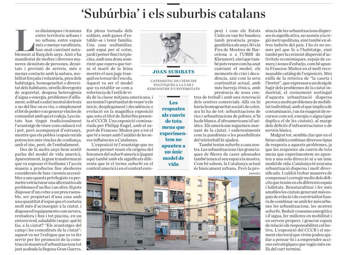 Ahir es va publicar a @diariARA aquest article meu sobre els efectes de tota mena que genera la urbanització dispersa. L’exemple americà i la manera com s’ha desenvolupat aquí estan magníficament exposats a ‘Suburbia’ al @cececebe