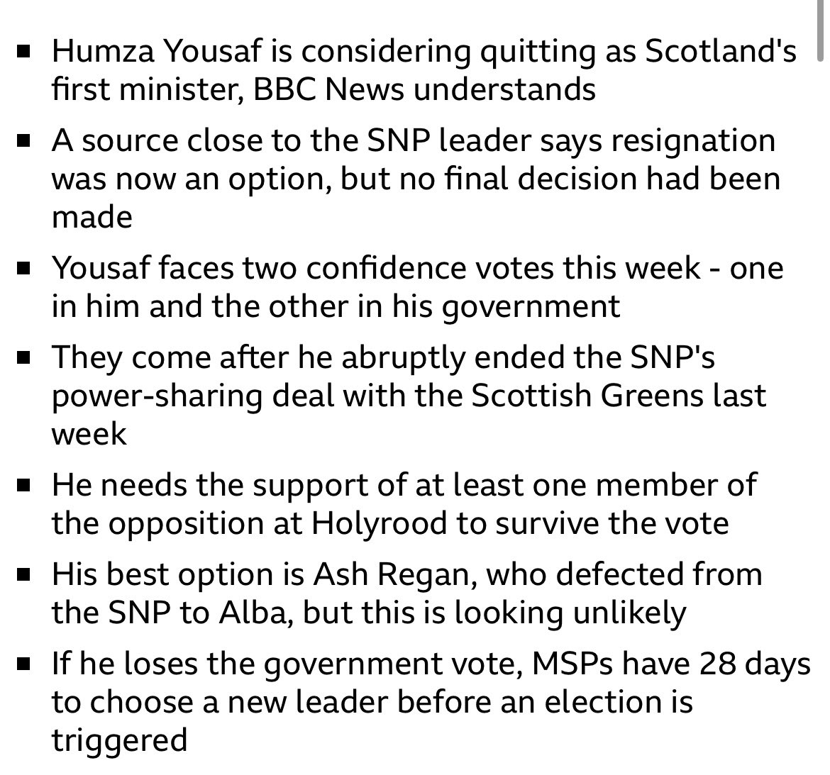 ￼ Humza Yousaf considers quitting as Scotland's first ministe - rather than face two confidence votes