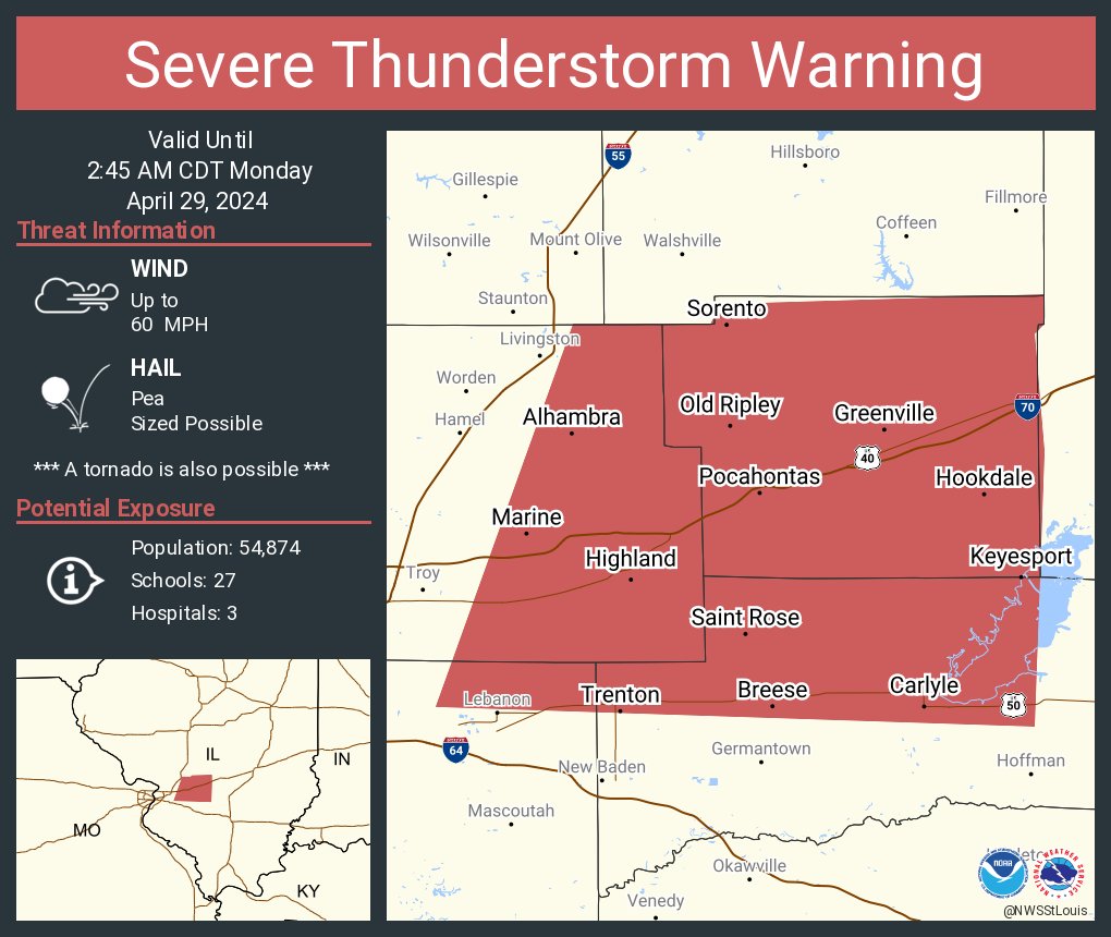 Severe Thunderstorm Warning including Highland IL, Greenville IL and Breese IL until 2:45 AM CDT