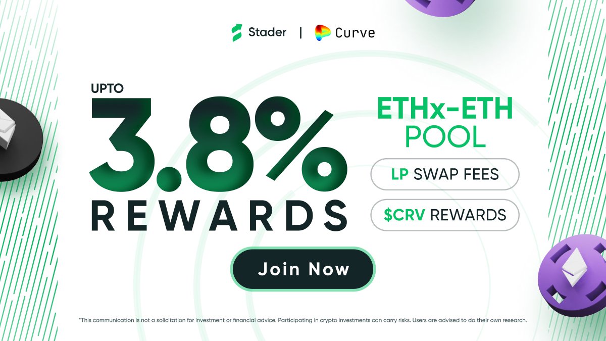 Stack up DeFi rewards on top of staking rewards with $ETHx. Join the $ETHx - $ETH pool on @CurveFinance. Get up to 3.8% rewards & make the most of your staked $ETH. Join Now! 🔗curve.fi/#/ethereum/poo…
