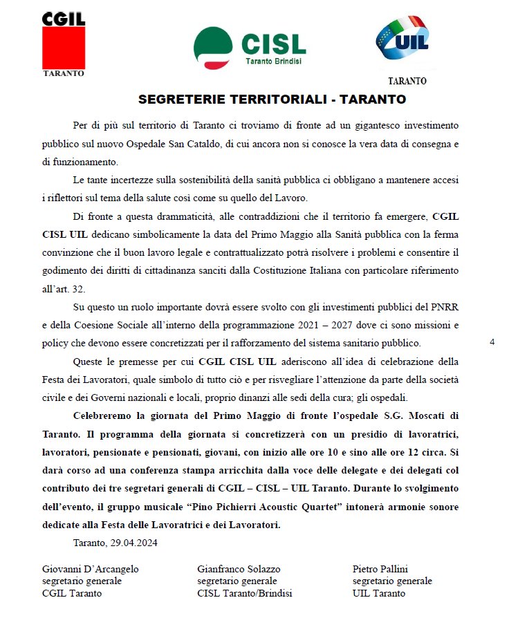 Il Manifesto unitario di #CgilCislUil per la festa del I Maggio 2024 a #Taranto, che sarà celebrata con un presidio di lavoratori, pensionati, giovani, donne, dalle ore 10.00 alle 12.00, presso l’Ospedale “S.G. Moscati”, via per Martina Franca @CislNazionale @CislPuglia