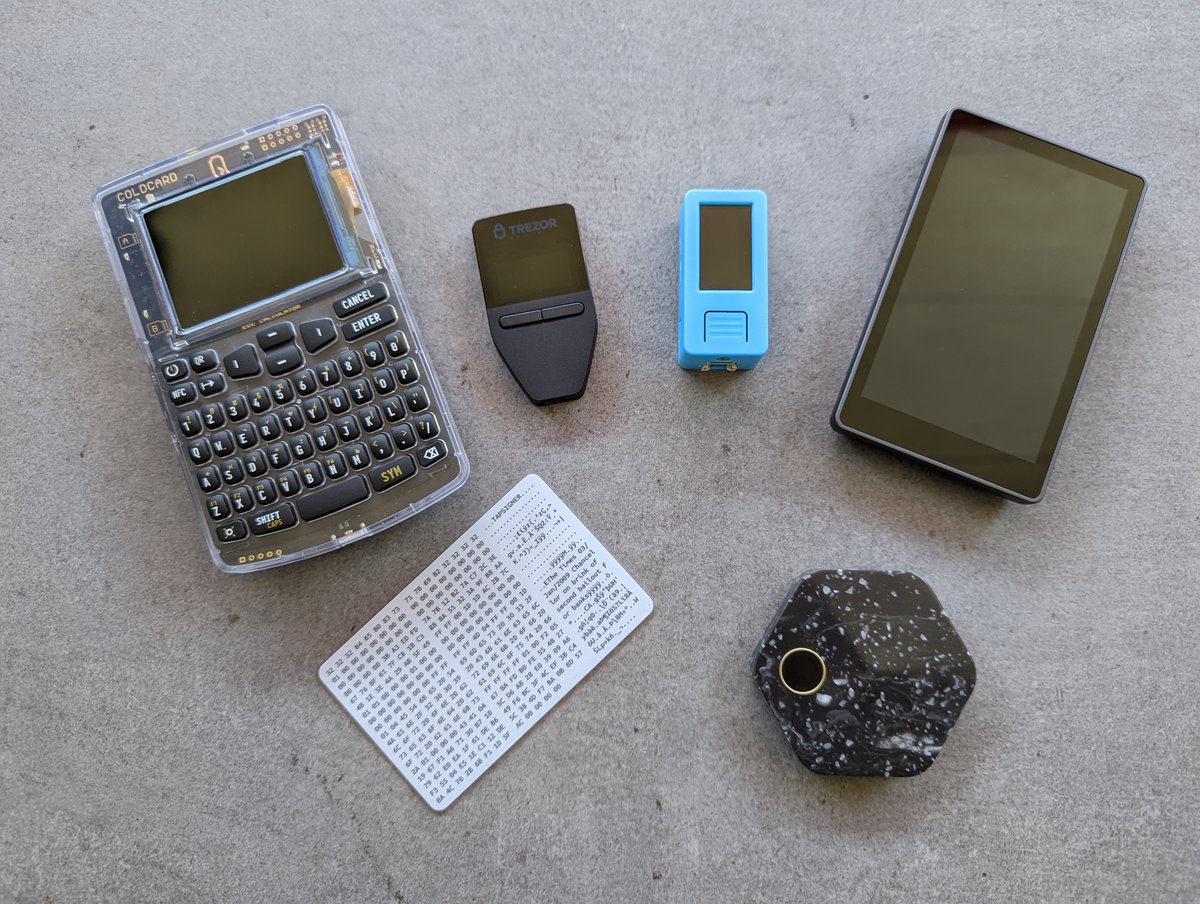 svrgnty's tweet photo. 1/🧵 Since my first review of #bitcoin hardware wallets / signing devices, new ones have been released and I've snatched them up as quickly as possible and tested them. The testing was carried out the same way as last time, using mostly @SparrowWallet and @SpecterWallet. https://t.co/LY65KhGSvc