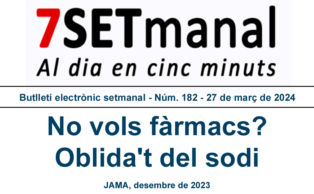 Una dieta baixa en sodi va donar lloc a una reducció significativa de la pressió arterial en gairebé el 75% dels participants d'aquest estudi que recull el butlletí #7SETmanal. 
La reducció mitjana va ser de 8 mmHg de la pressió arterial sistòlica.

Més:
ics.gencat.cat/ca/actualitat/…