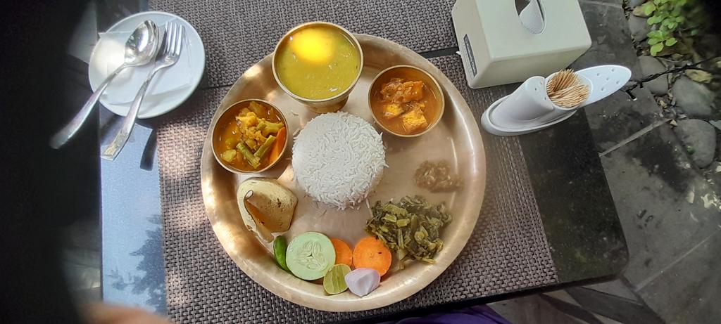 Last meal at IBRO Nepal school a Nepali thali. Not pictured a bowl of yogurt/curd.