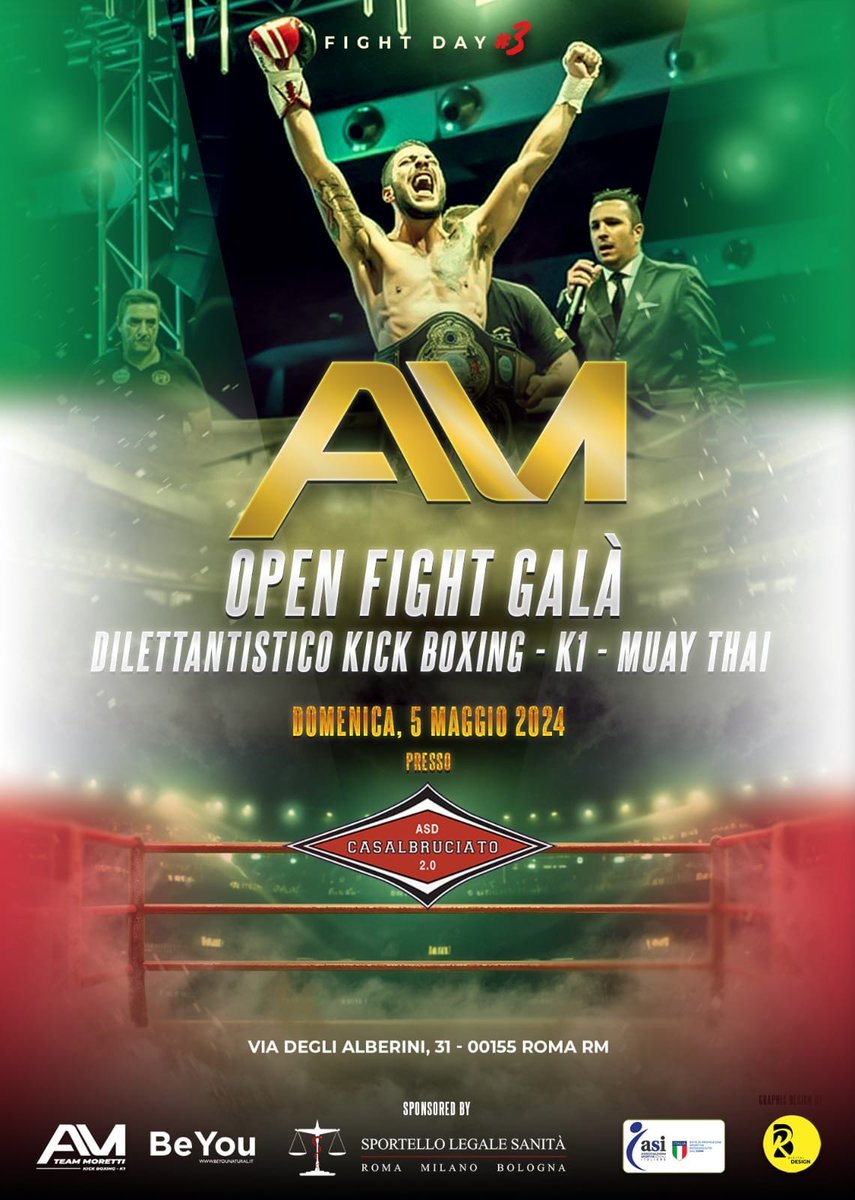 Domenica 5 maggio 2024, presso l'ASD Casal Bruciato 2.0 di via Degli Alberini 31 Roma, si svolgerà l'Open Fight Galà. L'evento, patrocinato dall'Asi e organizzato dal Maestro Alessandro Moretti, sarà un’occasione di vedere confrontarsi atleti di Kick Boxing, K1 e Muay Thay.