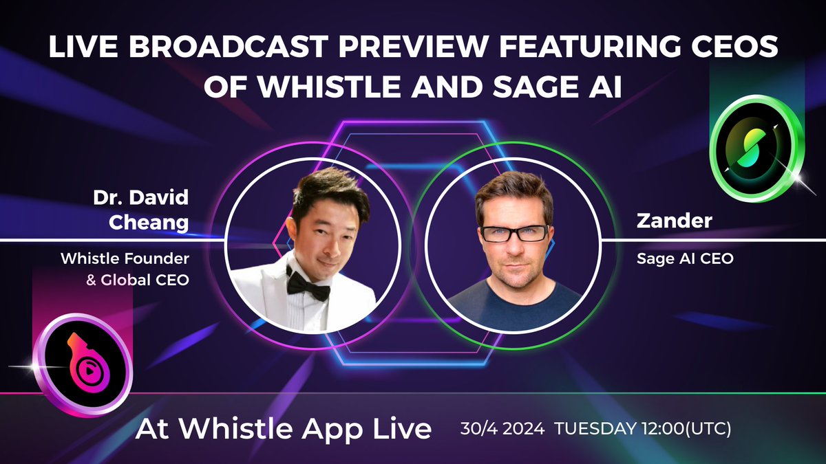 🚀 Whistle and Sage AI take a deep dive into the future of the Web3 content market. 🌐 Whistle CEO @DrDavidCheang and @SageAIweb3 CEO are about to host a brand new live session on Whistle. ⏰April 30, 2024 12:00 PM (UTC) 📷Whistle Live Room 💡 #Whistle #SageAI #Web3Discussion