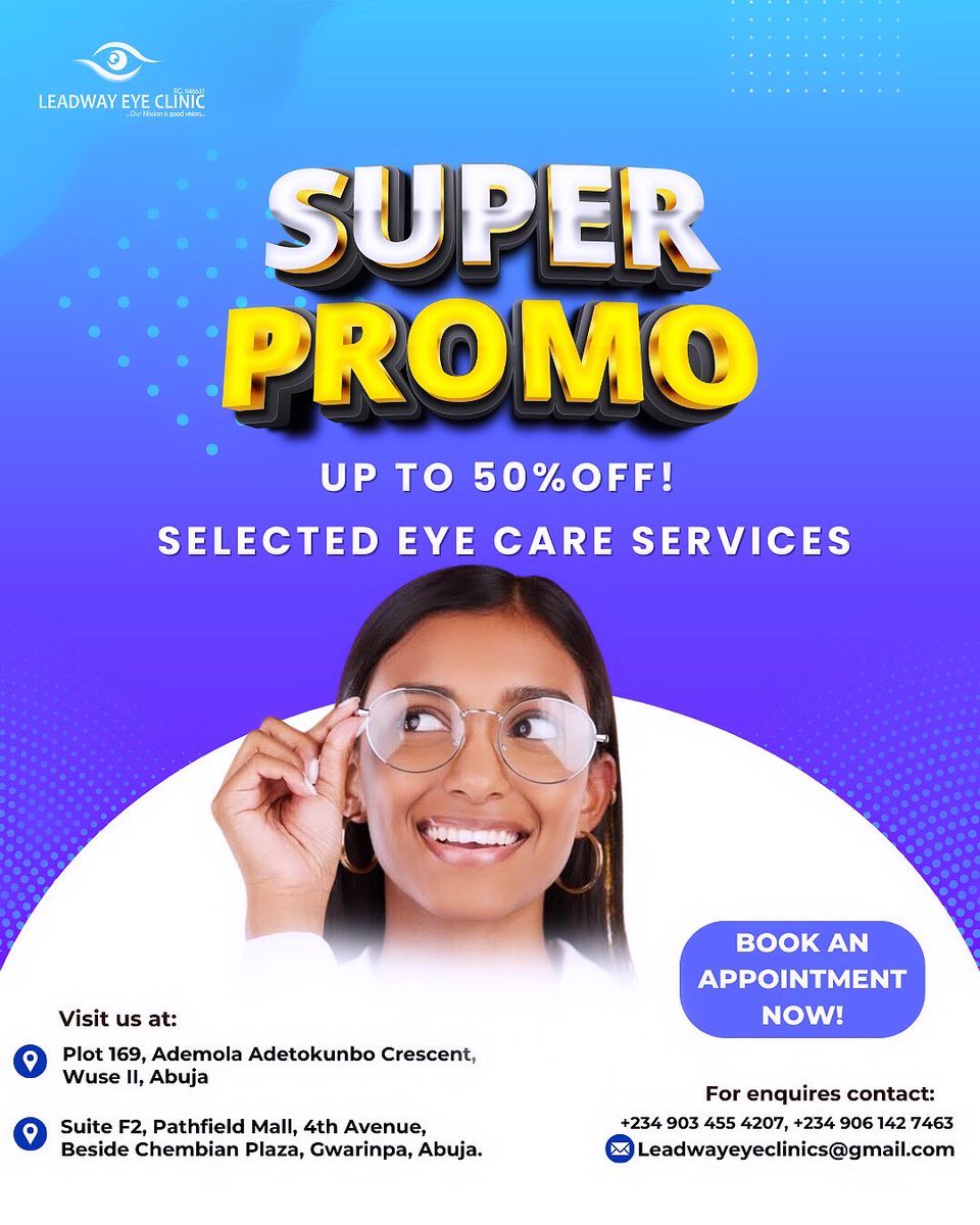 We’re calling it a wrap tomorrow! 🎁 ⏳ Don’t blink or you’ll miss out on the final day to save big on eyecare services.👁 Hurry into the clinic or book an appointment before it’s too late! ☎️ ⏰ #AbujaTheCapitalCity #AbujaTwitterCommunity #abuja #eyecare #healthcare