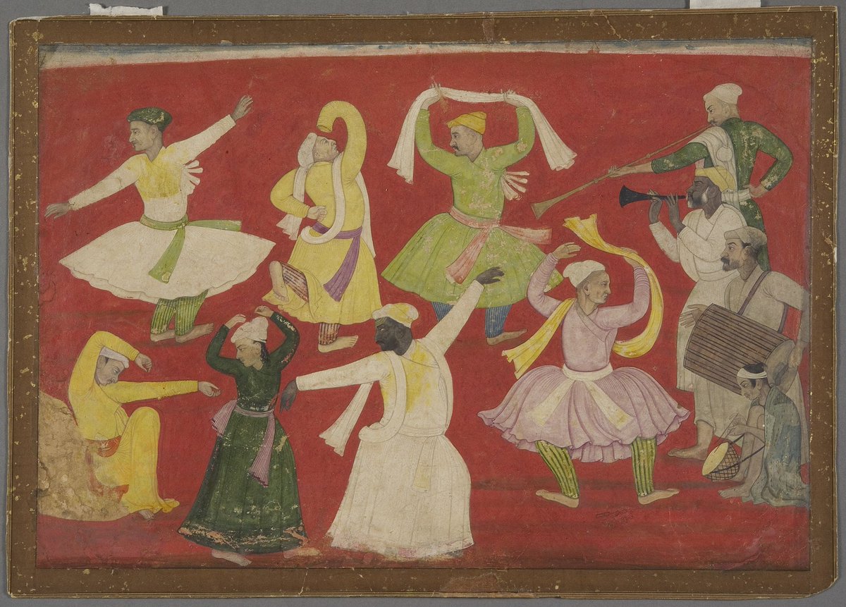 'Dancing Villagers' On #InternationalDanceDay c1730 CE #Pahari painting by #PanditSeu of #Guler #HimachalPradesh now at @LACMA Remarkable for its unusual subject matter as well as its refined execution, lively portrayal of human form & sensitive attention to portrait features.