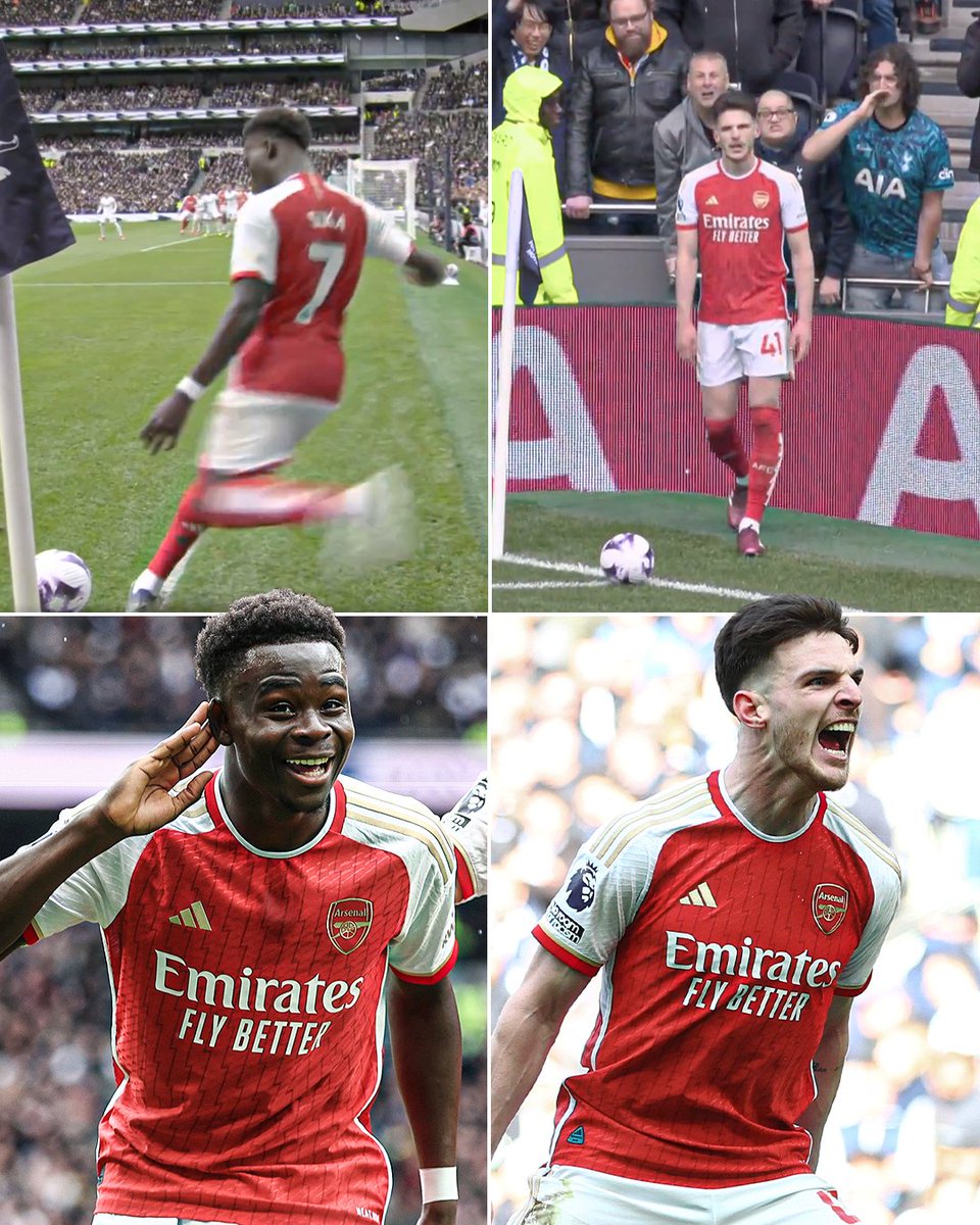 Bukayo Saka and Declan Rice were taunted by Tottenham fans before taking corners in the 27th and 38th minute in the North London derby. Both set-pieces resulted in goals and they didn't hold back on their response 👀