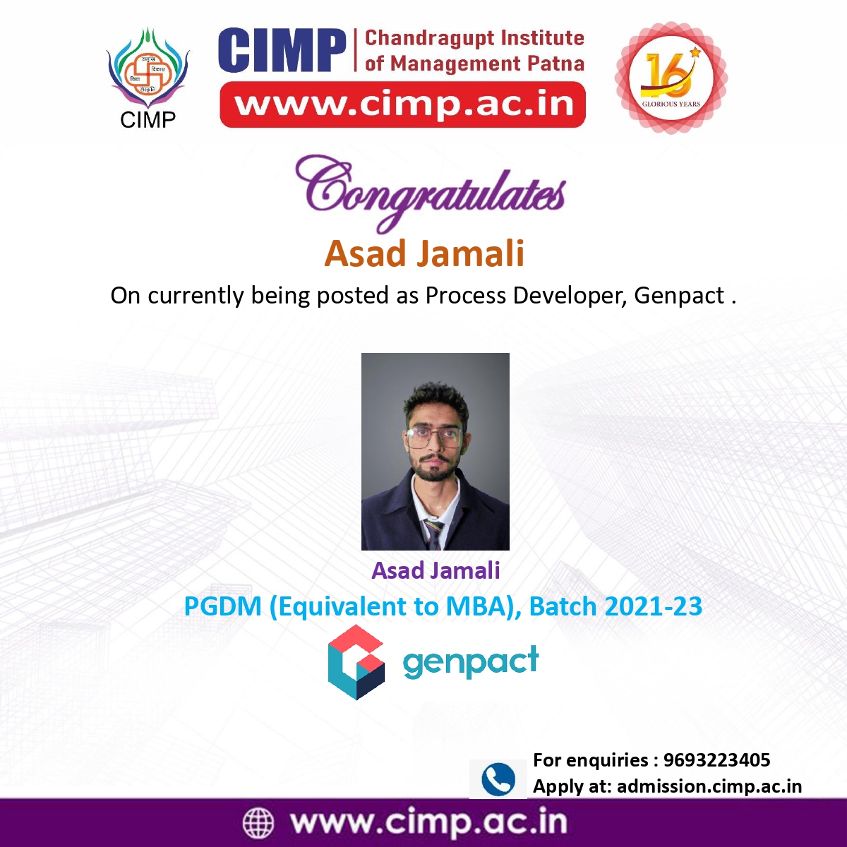 cimp.ac.in
CIMP Congratulates Mr. Asad  Jamali  on currently being posted as Process Developer, Genpact.