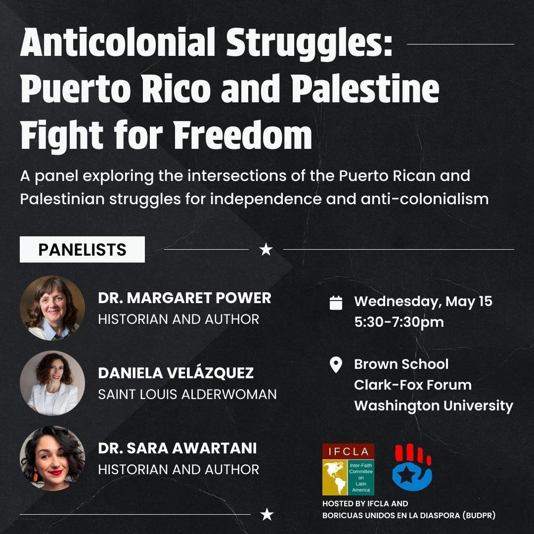 Reminder: On May 15, we'll be at Washington University in St. Louis with our partners at @ifcla to talk about the shared anticolonial struggles of Puerto Rico and Palestine. RSVP: bit.ly/puertoricoandp… Join us if you're in the area and share widely with your networks!