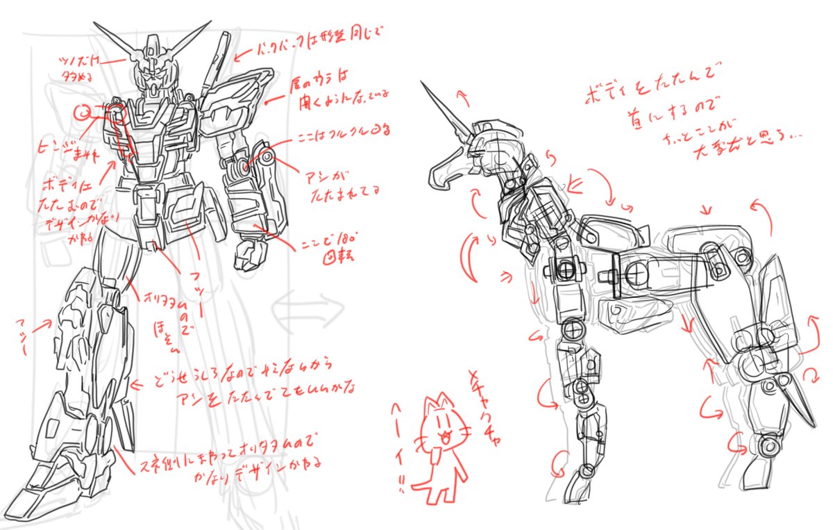変形するユニコーンガンダム(1/2)
①リアルタイプのユニコーンが馬に変形したらいいのになーってラクガキ
②イメージを膨らます
③パーツ配置を考えてみる
④考えをまとめる 